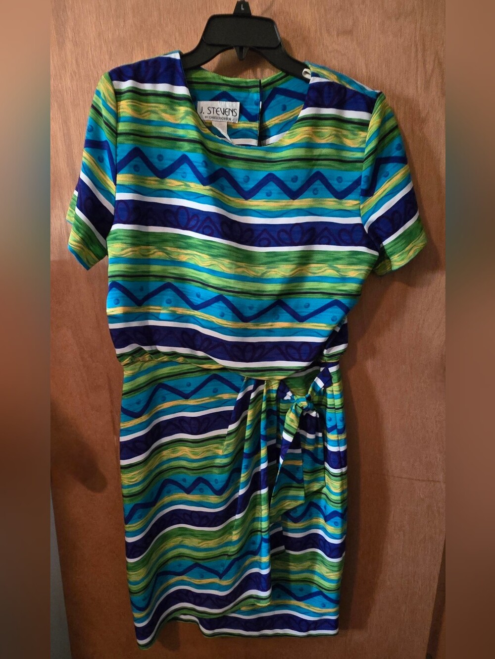 Blue & Green Striped Tie-front Faux Wrap Dress